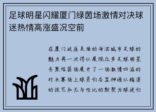 足球明星闪耀厦门绿茵场激情对决球迷热情高涨盛况空前