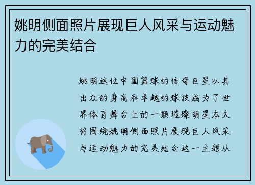 姚明侧面照片展现巨人风采与运动魅力的完美结合